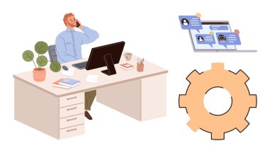 Bilgisayarlı, belgeli, bitkili ve kahveli bir adam. İletişim için sohbet baloncukları ve sistem işlemleri için ekipman. Üretkenlik, takım çalışması, iş akışı, verimlilik teknolojisi çözümleri için ideal