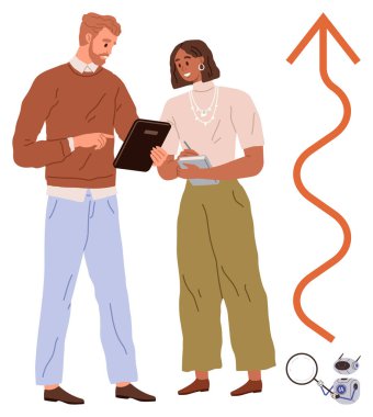 İki iş arkadaşı planlarını notlar ve tabletle tartışıyor, robot yardımcısıyla ilerlemeyi takip ediyor ve büyüme eğilimlerini yansıtıyor. Takım çalışması, yenilik, strateji, büyüme ve işbirliği için ideal