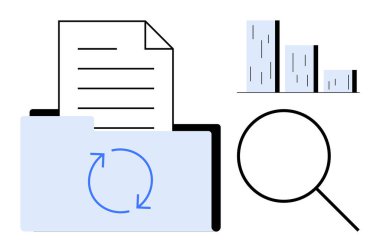 Veri senkronizasyonu, kağıt, büyüteç ve bar tablosu için okları olan dizin. Veri analizi, organizasyon, belge yönetimi, araştırma, güncelleme süreci izlemesi için idealdir