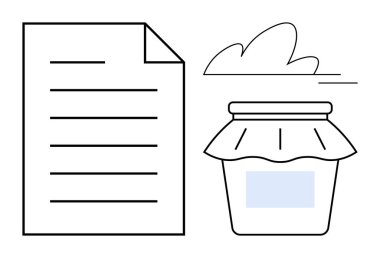 Kapalı bir kavanozun ve bulut gibi bir detayın yanında metin satırları olan kağıt sayfası. Belgelendirme, koruma, organizasyon, tarifler, basitlik, minimalizm ve doğal yaşam kavramları için idealdir. Basit.