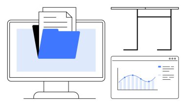 Dizin ve belgeli bilgisayar monitörü, grafik gösteren tarayıcı, modern masa taslağı. İş akışı, organizasyon, analiz, üretkenlik, teknoloji minimalizmi için ideal. Basit düz
