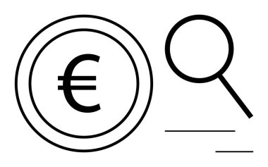 Avrupai sembol bir büyüteçin yanında bir madeni paranın içinde. Bankacılık, finans, tasarruf, yatırım, bütçe, piyasa araştırması, iş büyümesi için ideal. Temiz, düz metafor