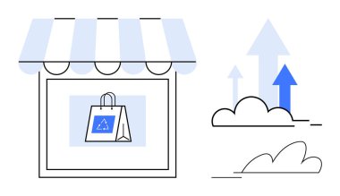 Dükkan vitrininde, geri dönüşüm logosuyla ekolojik alışveriş torbası, yukarı doğru ok ve büyümeyi sembolize eden bulutlarla eşleştirilmiş. Sürdürülebilirlik, perakende, iş, çevre ve e-ticaret için ideal