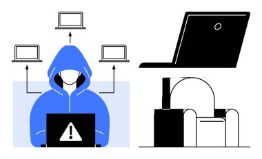 Uyarı uyarısı olan bir dizüstü bilgisayar kullanan kukuletalı figür, bağlantılı cihazları gösteren oklar, soyut sandalye ve dizüstü bilgisayar vektörü. Siber güvenlik, veri sızıntısı, hackleme, anonimlik, online tehditler için ideal