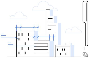 Yapı iskeleleri, yapısal çizgiler, bulutlar ve kalemle inşa edilmiş gökdelenler. Mimari, kentsel planlama, gayrimenkul, yenilikçi yaratıcılık mühendisliği büyümesi için ideal. Basit düz