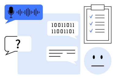 Dalga biçimli konuşma balonu, ikili kod, kontrol listesi, soru işareti ve tarafsız yüz, yapay zekayı temsil ediyor, iletişim, kodlama görev izleme etkileşimi. Teknoloji için ideal yapay zeka yardımı