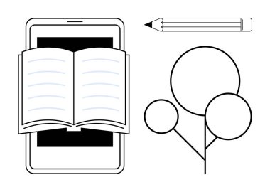 Tablet üzerinde gösterilen açık kitap, yazmak için kalem, büyümeyi simgeleyen soyut ağaç yapısı. Eğitim, e-öğrenme, dijital okuma, yaratıcılık, yenilikçi büyüme bilgisi için idealdir. Basit düz