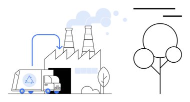 Fabrikaya geri dönüşüm kamyonu boşaltılıyor. Ağaçlarla çevrili bacalar duman yayıyor. Sürdürülebilirlik, geri dönüşüm, atık yönetimi, sanayi, kirlilik, çevre ve ekoloji için ideal. Basit.