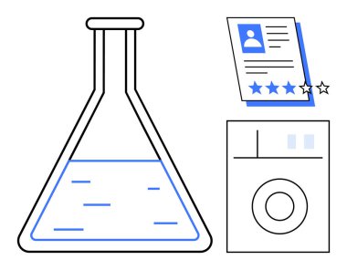 Sıvı içerikli laboratuvar şişesi, derecelendirme yıldızlı kullanıcı profili ve veri tabloları analizi, araştırmayı, performans değerlendirmesini, yeniliği, işe alma, eğitimi ve geri bildirim değerlendirmesini sembolize ediyor. İdeal