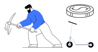 Kazma ve elektrikli scooterın yanında madencilik yapan bir adam. Kripto para birimi, madencilik, engelleme zinciri, hareketlilik, sürdürülebilirlik, ekolojik ekonomi, modern teknoloji kavramları için idealdir. Basit düz metafor