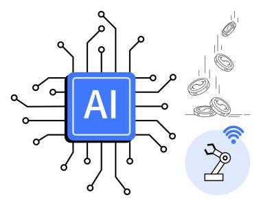 Bağlı devreli yapay zeka çipi, kablosuz kontrollü robot kolu ve ekonomiyi sembolize eden bozuk paralar. Yapay zeka, otomasyon, yenilik, finans, robotik bağlantı teknolojisi için ideal. Basit düz