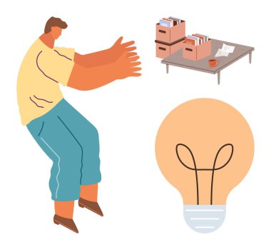 Uzanan kişi, evrak çekmeceleri ve dosyaları olan masa, yenilikçi fikirleri sembolize eden büyük boy ampul. Yaratıcılık için ideal, üretkenlik, iş hayatı dengesi, takım çalışması, beyin fırtınası, ofis