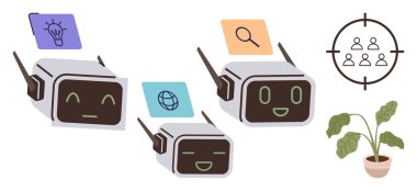 Yenilik, araştırma ve bağlantı simgelerinin yanı sıra çeşitli ifadelere sahip sohbet robotları. Dairesel grup odak hedefi ve saksı bitkisi kavramsal dengeyi artırır. Yapay zeka, takım çalışması ve hizmet için ideal