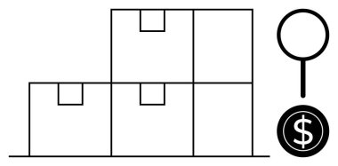 Bir büyüteç ve dolar işareti ile eşleştirilmiş karton kutular. Lojistik, envanter yönetimi, maliyet analizi, tedarik zinciri, e-ticaret, perakende, iş stratejisi için ideal. Basit düz