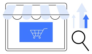 Alışveriş arabalı dijital mağaza önü, büyüteç aydınlatma trendleri, büyümek için yukarı doğru oklar. E-ticaret, pazarlama, analitik, satış ve büyüme stratejisi için ideal. Basit düz