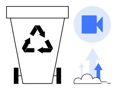Geri dönüşüm kutusu, oklar, geri dönüşüm logosu, video oynatma simgesi ve yukarı bakan oklar. Sürdürülebilirlik, atık yönetimi, eko-bilinç, geri dönüşüm bilinci, çevre