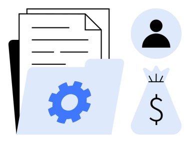Kağıtlar, teçhizatlı bir dosya dolar işaretli bir para çantası ve kullanıcı profili simgesi. Teknoloji, finans, veri yönetimi, iş akışı otomasyonu, üretkenlik kullanıcı hizmetleri dijital için ideal