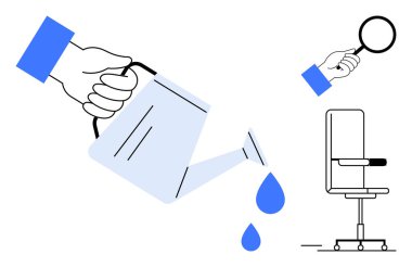 Sulama kabından su dökme, damlacıklar düşme, büyüteç teftişi, yanında ofis sandalyesi. Büyüme, odaklanma, üretkenlik, yetiştirme, yaratıcılık analizi için ideal iş yeri