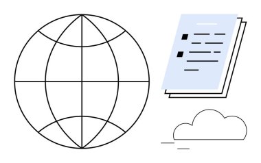 Kılavuz çizgileri, belge yığını ve bulut simgesi olan dünya dijital bağlantıyı, bilgi paylaşımını ve işbirliğini ön plana çıkarıyor. Küreselleşme, ağ oluşturma, eğitim ve bulut çözümleri için ideal