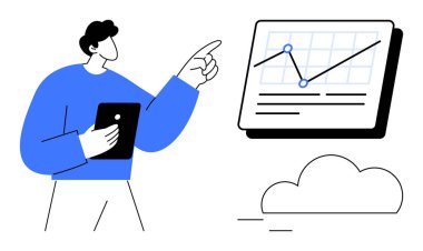 Bulut sistemindeki veri noktalarını birbirine bağlayan grafiğe odaklı grafik verilerini gözden geçiren kişi. Veri analizi, bulut depolama, iş stratejisi, takım çalışması, teknoloji, yenilik için ideal