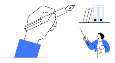 El sıkıştırıcı kalem, yazı yazmayı, sopayla işaret ederken eğitmeni ve rafta düzgünce düzenlenmiş dosya klasörlerini öneriyor. Eğitim, organizasyon, eğitim ve öğretim için ideal