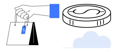İndirimli etiketli el çantası, para ve bulut yığını. Alışveriş, e-ticaret, tasarruf, perakende, indirim, finansal yönetim pazarlaması için ideal. Temiz ve basit düz metafor
