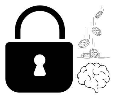 Büyük kilit güvenliği simgeler, madeni paralar para alışverişini ve beyin de zekayı simgeler. Finans, gizlilik, siber güvenlik, iş dünyası, fikri mülkiyet yenilik eğitimi için idealdir. A