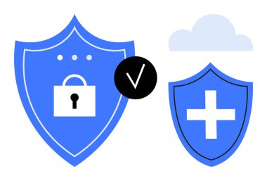 Kilitli ve tıbbi haç simgeli mavi kalkanlar, bir bulut ve bir işaret. Basit bir dairede siber güvenlik, sağlık, koruma, gizlilik, bulut depolama, antivirüs ve güvenlik kavramları için ideal