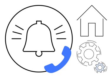 Alarm için çağrı simgesi, ev sistemleri için ev, iş akışı için vites. Bildirimler, uyarılar, iletişim, ev otomasyonu, iş akışı ayarları zaman yönetimi için ideal. Basit düz metafor