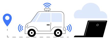 Bulut ve dizüstü bilgisayara bağlı otomatik çalışan araba GPS takibi ve kablosuz iletişimi vurguluyor. Hareketlilik, teknoloji, yenilik, akıllı şehirler, ulaşım, IOT için ideal