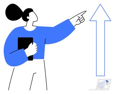 Tableti tutan kadın, büyümeyi ve başarıyı simgeleyen yukarı doğru büyük bir oku dizüstü bilgisayar grafiğiyle işaret ediyor. İş dünyası, liderlik, yenilik, ilerleme, eğitim analiz ekibi çalışması için idealdir. Basit.