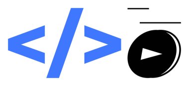 Kod parantezleri ve oynatma düğmeleri kodlamayı, medya yayınını ve teknolojiyi vurguluyor. Web geliştirme, programlama, video içeriği, yazılım, kodlama eğitimi medya otomasyonu için idealdir. Basit düz