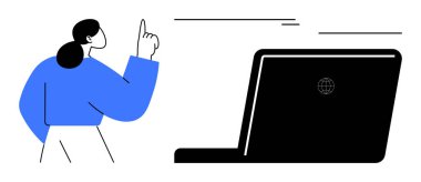 Bir dizüstü bilgisayarın yanında düşünceli bir şekilde el kol hareketi yapan kadın iletişimi, teknolojiyi, eğitimi, işi, fikir alışverişini, çözüm bulmayı, yeniliği vurguluyor. Teknik eğitim için ideal iş ile ilgili konular