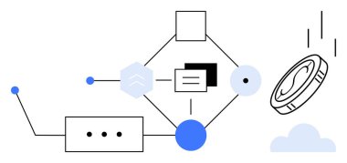 Geometrik şekiller çizgilerle bağlanır, madeni paralar bulut ve düğüm elemanları ile düşer, ağ ve finansal teknolojiyi ifade eder. Engelleme zinciri, bağlantı, kripto para birimi, yenilik ve teknoloji için ideal
