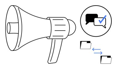 Sesi yükseltmek için megafon, onaylanmış iletişim için işaretli konuşma baloncukları, veri alışverişi için oklu dizinler. İdeal mesajlaşma, işbirliği, pazarlama, organizasyon