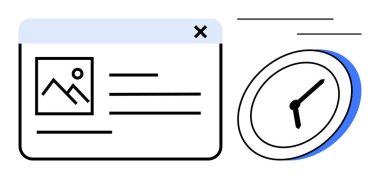 Zamanı sembolize eden saatin yanında resim tutucu ve metin satırları olan web sayfası kablosuz çerçevesi. Üretkenlik, zamanlama, tasarım süreci, teslim tarihleri, verimlilik, zaman izleme için ideal, basit düz
