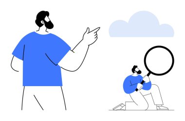 Başka bir insan bulutun altında büyük bir büyüteçle incelerken adam dışını işaret ediyor. Araştırma, keşif, analiz, işbirliği, merak, yenilik ve keşif için ideal. Basit düz