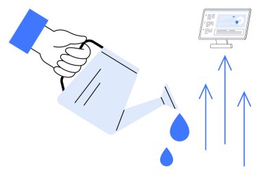 Elle sulanan su, düşen damlalar, yukarı doğru büyüyen oklar, masaüstü ekran içgörüsü. Büyüme, strateji, analitik, yatırım, yenilik veri içgörüsü için ideal ilerleme basit
