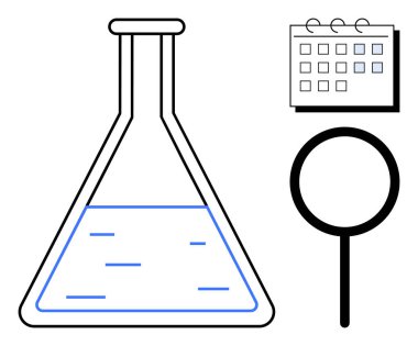 Sıvı, takvimi temsil eden bir laboratuvar şişesi ve detaylı analizi sembolize eden bir büyüteç. Bilim, araştırma, eğitim, planlama, gözlem ve organizasyon için ideal