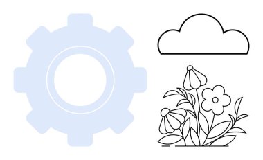Dişliler teknolojiyi sembolize eder, fikirleri veya tahminleri temsil eder, ve çiçekler büyümeyi ve doğayı somutlaştırır. Yenilik için ideal, çevre, yaratıcılık, sürdürülebilirlik, denge, uyum basit