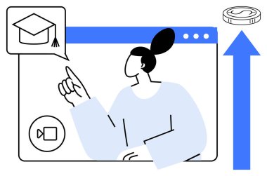 Videodaki kadın mezuniyet şapkası, mavi ok ve bozuk paraya işaret ediyor. Eğitim, e-öğrenim, başarı, büyüme, finans, uzak çalışma kariyeri için ideal basit düz metafor