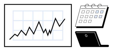 Artan trend, ofis takvimi ve dizüstü bilgisayarı olan çizgi grafiği. İş planlama, başarı analizi, verimlilik, hedef belirleme, proje izleme, performans değerlendirmesi için ideal basit düz metafor