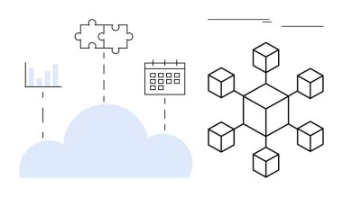 Veri etkileşimini ve sistem entegrasyonunu temsil eden bulmaca bağlantısı, takvim, grafik ve ağ blokları şebekesine sahip bulut. Teknoloji, ağ, planlama, bulut depolama, dijital için ideal