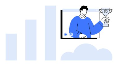 Sanal toplantıda elinde kupa tutan erkek figürü, başarı ve tanınmayı temsil ediyor. Büyüme grafiği ve bulut başarıyı, iş ilerlemesini ve dijital teknolojiyi simgeler. İş için ideal