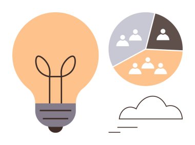 Ampul, kullanıcı simgeleri ve bulutlarıyla segmentli pasta grafiğinin yanında fikirleri temsil ediyor. Takım çalışması, beyin fırtınası, yenilik, teknoloji, büyüme, strateji ve topluluk için ideal. Basit düz metafor