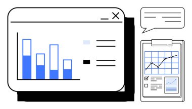 Tarayıcı penceresinde çubuk grafik, satır çizelgesi ve kontrol listesi olan pano, yorum için metin balonu. İş, analitik, raporlama, planlama, iletişim, basit düz metaforları izlemek için ideal