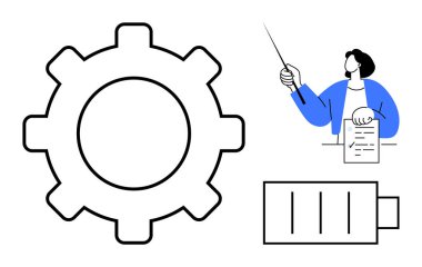 Büyük teçhizat, döküman sunan kişi ve enerji seviyeli pil. İş akışı, verimlilik, eğitim, verimlilik, enerji yönetimi takım çalışması kavramları için ideal. Basit düz metafor