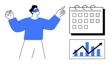 VR kulaklık takan adam takvim ve büyüme grafiğini gösteriyor. Teknoloji, veri analizi, yenilik, zaman yönetimi, üretkenlik, sanal gerçeklik, iş anlayışı için ideal