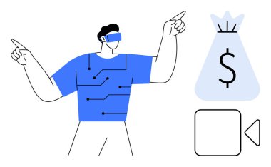 Teknoloji temalı elementlerle etkileşime geçen sanal gerçeklik kulaklığı takan bir adam para çantası ve video ikonunu işaret ediyor. Sanal gerçeklik için ideal, fintech, dijital pazarlama, oyun, online