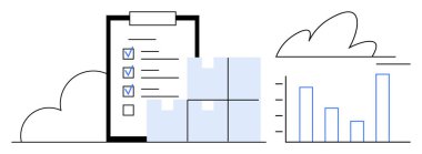 Kontrol listesi olan pano, istiflenmiş kutular ve bulutlu veri çubuğu çizelgesi. İkmal zinciri, envanter kontrolü, lojistik, planlama, analiz organizasyonu raporlaması için ideal. Basit düz metafor